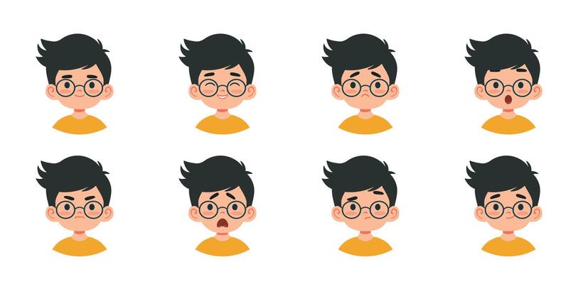 Set of boy avatars with different facial expressions and emotions