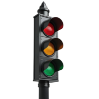 Traffic light with black metal frame and black pole isolated on transparent background png