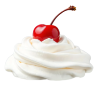 A white whipped cream with a cherry on top png