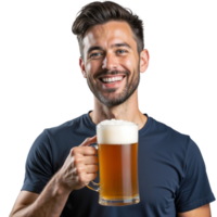 Portrait of a happy man holding a beer mug isolated on transparent background. png