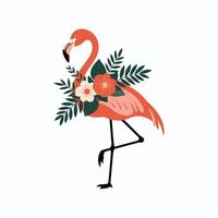Elegant Flamingo with Tropical Flowers and Leaves, Modern Illustration, Exotic Bird Art for Summer Decor, Fashion, Invitations, and Creative Design Projects. vector