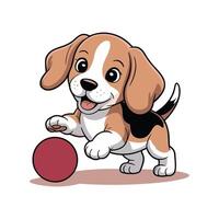 Cute Cartoon Beagle Puppy Playing with Red Ball, Happy Dog Character Illustration, Adorable Pet Animal Isolated on White Background for Kids Design. vector