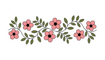 Simple decorative floral border with pink flowers and green leaves. A clean, flat illustration of a vine, isolated on white background. vector