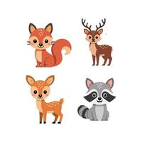 Cute Cartoon Forest Animals Set with Fox, Deer, Raccoon, and Fawn, Adorable Wildlife Characters Isolated on White Background for Kids Design. vector