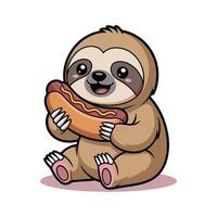 Cute Cartoon Sloth Eating Hot Dog, Adorable Animal Character Illustration, Funny Food Lover Mascot, Happy Sloth Clipart, Kawaii Style Drawing. vector
