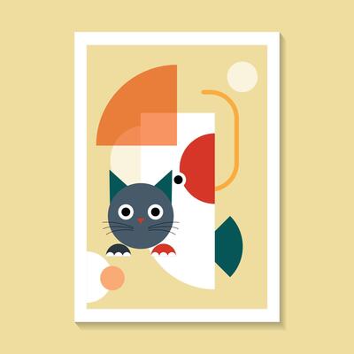 A stylized colorful cat with fun geometric shapes, accompanied by circles and dots on a yellow background