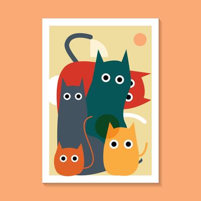 A stylized colorful cat with fun geometric shapes, accompanied by circles and dots on a orange