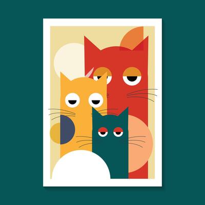 A stylized colorful cat with fun geometric shapes, accompanied by circles and dots on a yellow background illustration