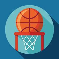 Basketball going through hoop, flat design illustration, isolated on blue background, perfect for sports, competition, athletic, and recreational themed creative projects. vector
