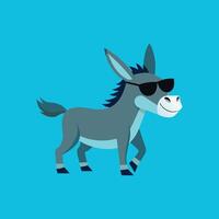 Cool cartoon donkey wearing sunglasses on blue background, perfect for fun branding, educational materials, farm themes, and playful designs. vector
