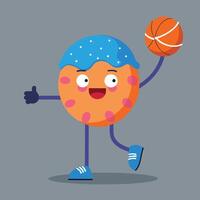 Cute Cartoon Donut Character Playing Basketball, Holding Ball, Giving Thumbs Up, Fun Sports Mascot Illustration, Creative Food and Sports Concept Design. vector