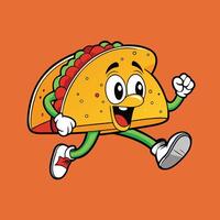 Funny cartoon taco character running with happy face, colorful Mexican food mascot illustration, isolated on orange background, perfect for restaurant and fast food designs. vector