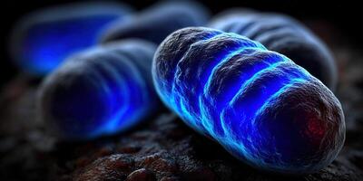 Vibrant, glowing microorganisms, illuminated by an internal blue luminescence, presented in a close-up rendering. photo