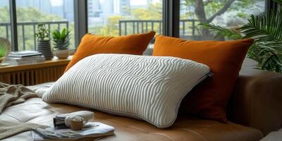 Cozy living room with pillows on a leather couch, creating a relaxing atmosphere. photo