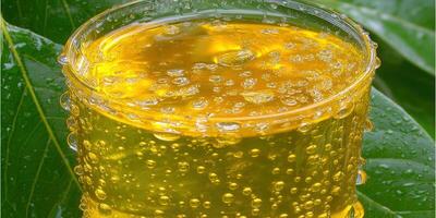 A close-up of a glass filled with a refreshing, bubbly yellow liquid. photo