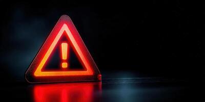 A glowing red warning sign with an exclamation mark against a dark background. photo
