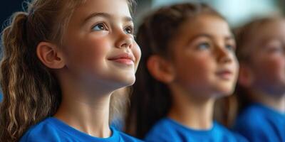 A group of young girls with joyful expressions looking upwards, filled with wonder. photo