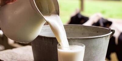 A fresh stream of milk is being poured into a glass, representing a healthy breakfast. photo