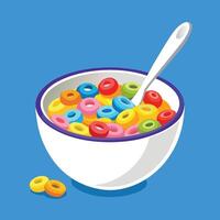 Colorful bowl of breakfast cereal with milk and spoon, fun cartoon food illustration, isolated on blue background, perfect for kids and design projects.. vector