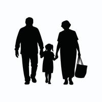 Silhouette of grandparents walking with their granddaughter. Elderly couple holding hands with a little girl. Family togetherness and multi-generational love concept.. vector