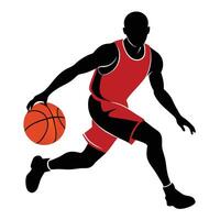 Basketball Player Dribbling Ball Silhouette, Illustration in Red Uniform for Sports, Athlete, Competition, Game, Team, Fitness, Logo, and Graphic Design. vector