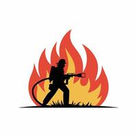Firefighter in action using hose to spray water on white background. vector