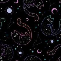 Mystical black pattern with neon cats, moon and stars vector