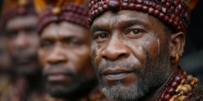 Two tribal men in traditional attire looking intently towards the viewer with a serious gaze. photo