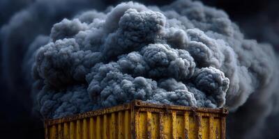 Ominous black smoke billows from a yellow container, possibly indicating environmental pollution or industrial hazards. photo