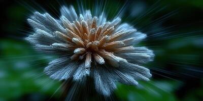 Captured in exquisite detail, a flower emanates beams of light against a blurred, green background. photo