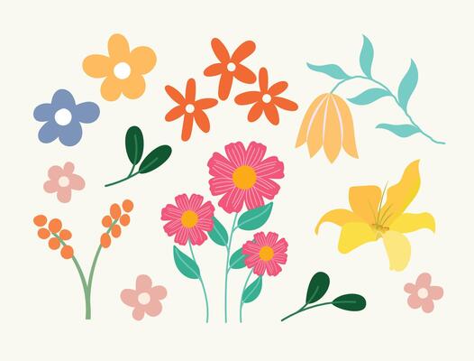 Cute kawaii flat flower shape collection in various styles. Bright and playful floral elements perfect for kids designs, spring themes, and creative decorations.