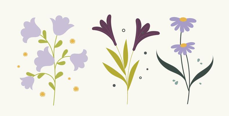 Cute kawaii flat flower shape collection in various styles. Bright and playful floral elements perfect for kids designs, spring themes and creative decorations..