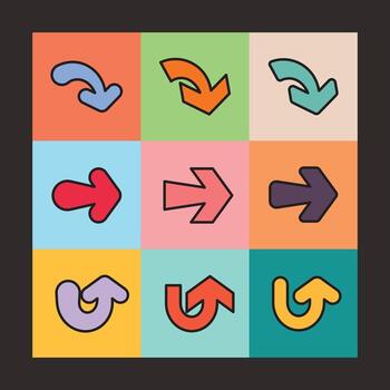 plano estilo flecha icono colección en linda kawaii diseño. Perfecto para creativo interfaces, infografía, niño temas, navegación elementos, o juguetón efectos visuales vector