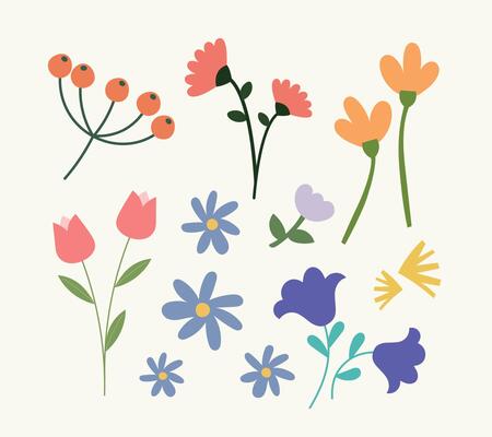 Cute kawaii flat flower shape collection in various styles. Bright and playful floral elements perfect for kids designs, spring themes, and creative decorations