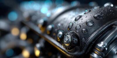 Close-up of a textured black surface covered with water droplets and a control knob. photo