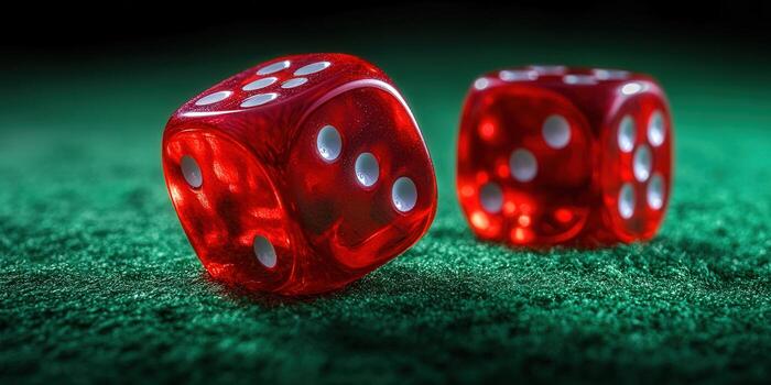 Two red dice on green felt, ready to be rolled for a game of chance. photo