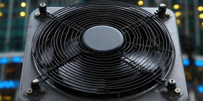 An industrial fan with a protective black grill, perfect for cooling and ventilation purposes. photo