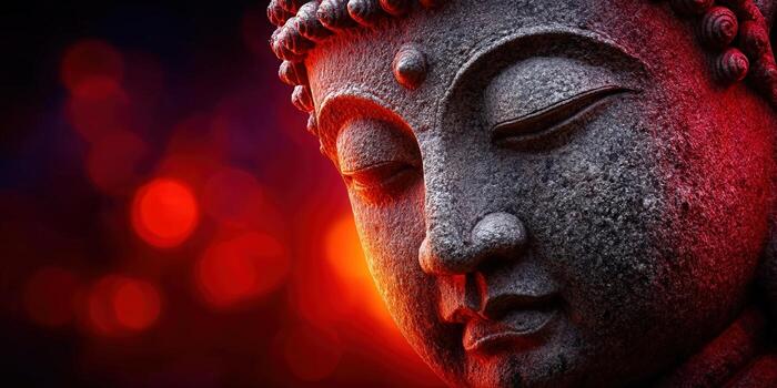 A close-up captures the peaceful face of a Buddha statue against a vibrant red bokeh backdrop. photo