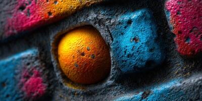 A close-up shot shows a colorful graffiti wall with vibrant details and textures. photo