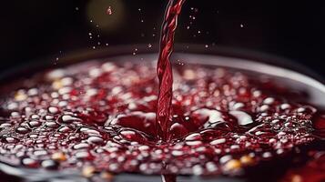 Red wine gracefully pours, creating a dynamic splash with captivating bubbles and textures. photo