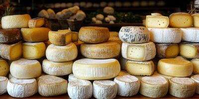 A colorful and appetizing assortment of artisan cheese wheels, ready for tasting and selling. photo