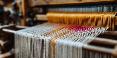 Intricate detail of a weaving loom, creating beautiful fabric with colorful threads and yarns. photo