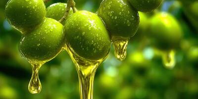 Close up of fresh olives dripping olive oil, with a lush green background. photo