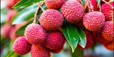 Freshly picked ripe lychees hanging from a tree branch, ready to eat and enjoy their sweetness. photo