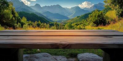 A scenic mountain landscape with a wooden table in the foreground, inviting viewers to enjoy the view. photo