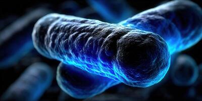 Detailed close-up of bacteria in a vibrant blue, showcasing its intricate structure. photo