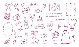 Whimsical Set of Wedding Elements as Cake, Rings, Bride Dress, Bow Tie, Frames. Perfect for Invitations, Posters, Decorations vector