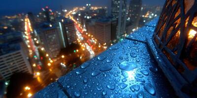 City lights glow through raindrops creating a beautiful nighttime urban scene. photo