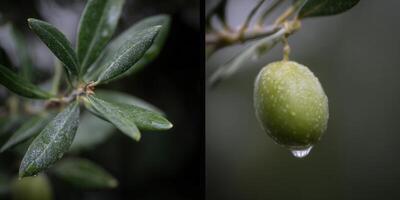 A close-up shot of a green olive with water droplets on a branch with leaves photo
