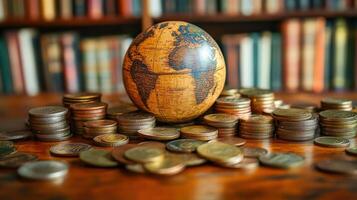 A globe surrounded by coins represents global finance and economic concepts. photo